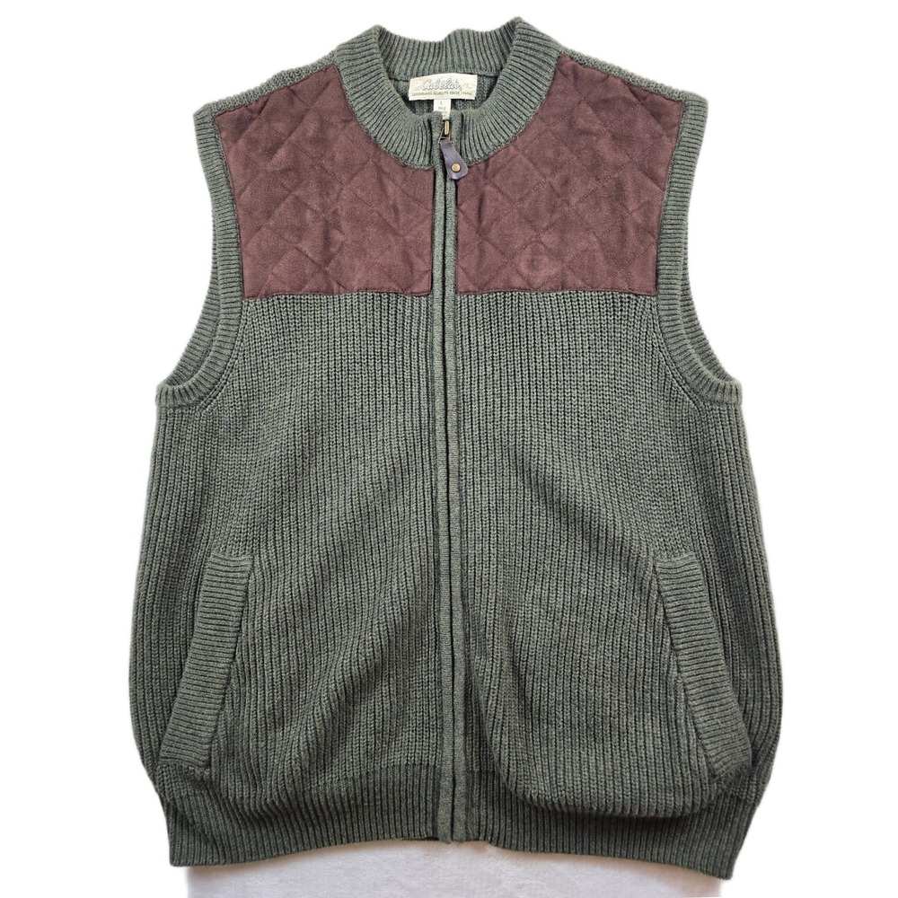 Cabela's Sweater Vest Mens Large Green Cotton Ribbed Knit Quilted Shoulder Zip